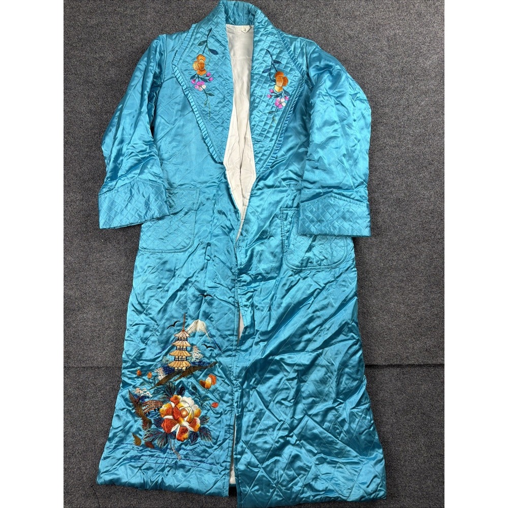Vintage 1940s quilted Japanese robe, turquoise embroidered satin, 40s loungewear